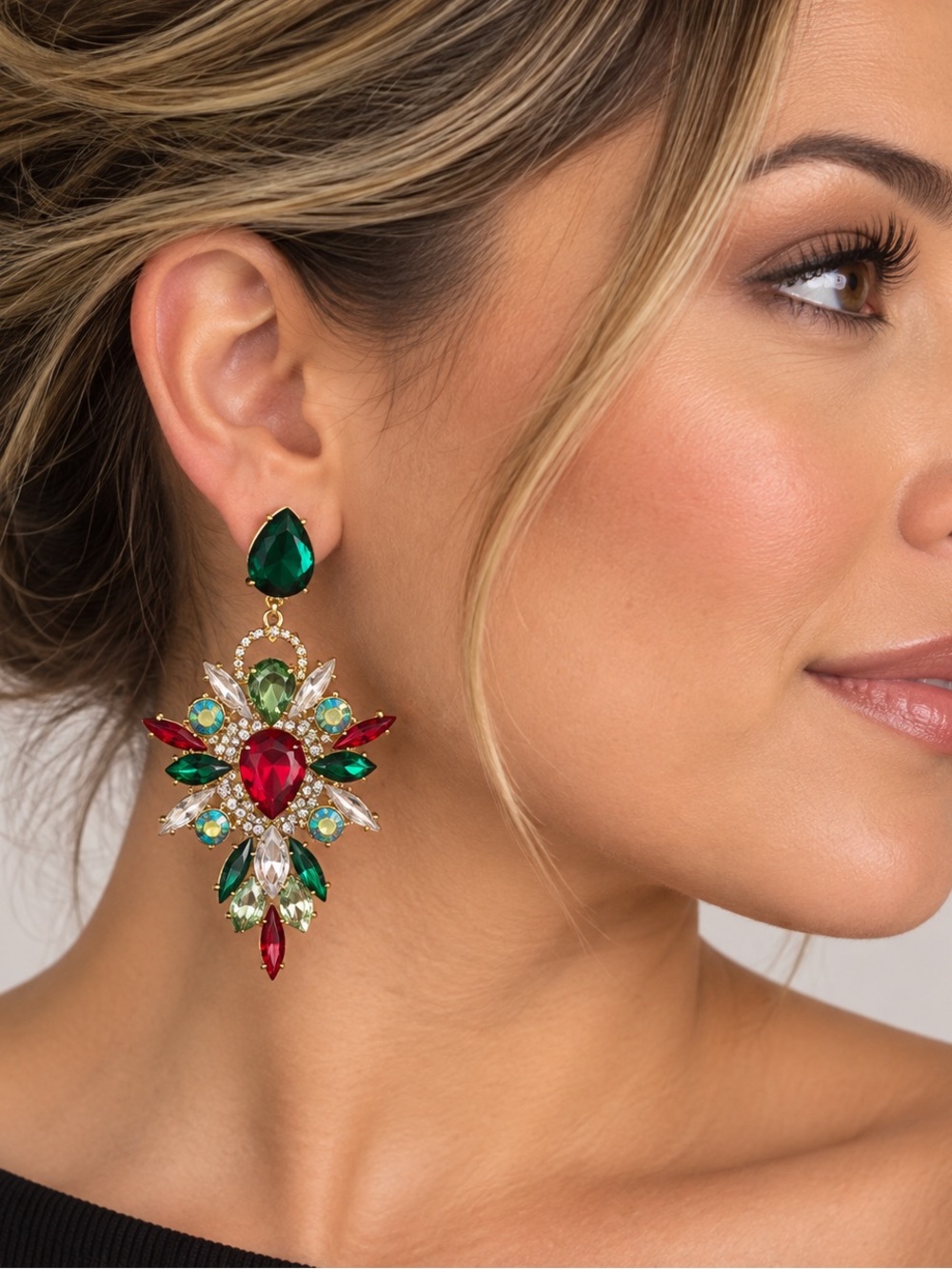 Brand New Multicolor Crystal Statement Earrings Gold Tone Jeweled Dangle